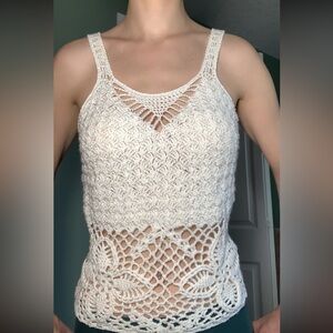 Vintage, cottagecore, white crochet top with flower detail and lace up back